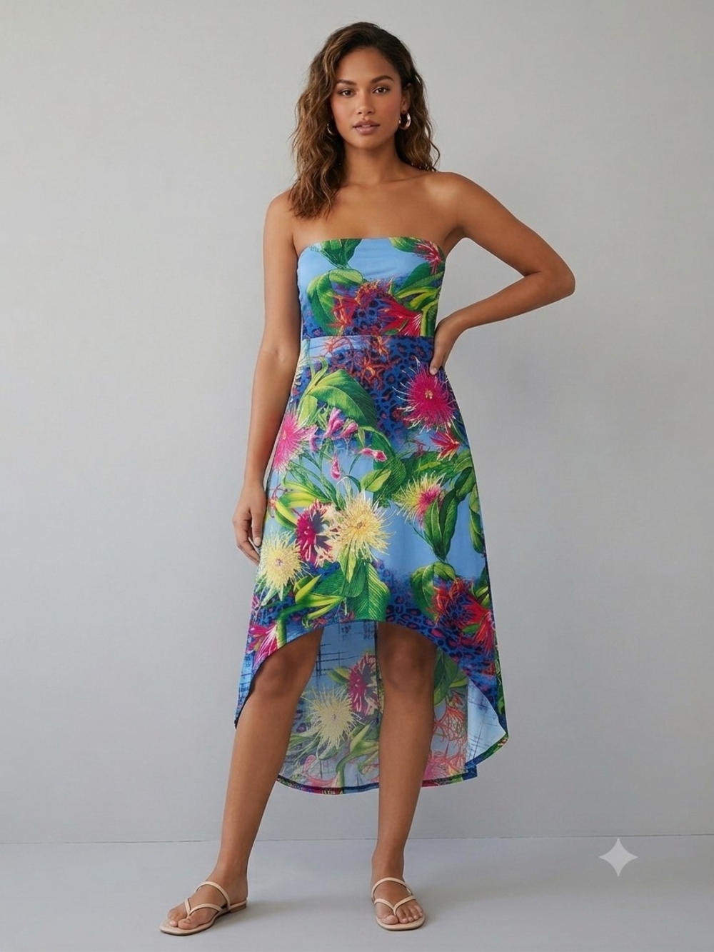Bright Blue Strapless Tropical High-Low Dress